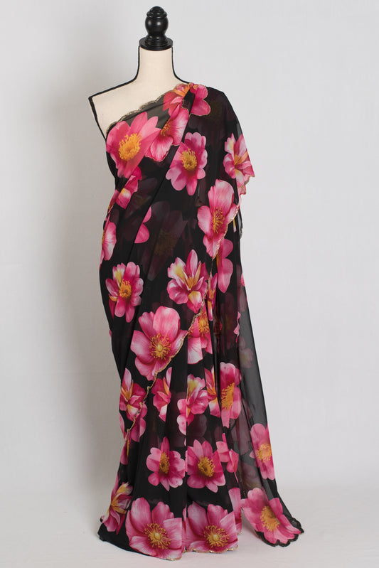 Eva : Black and Pink Floral Georgette Designer Embroidery Saree image 0