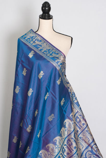 Arpita | Peacock Blue and Cream Handwoven Baluchari Silk Saree image 4