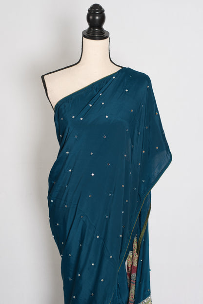 Ira | Teal Blue Mirror Work Partywear Saree | Ajrakh Printed Pallu & Blouse image 6