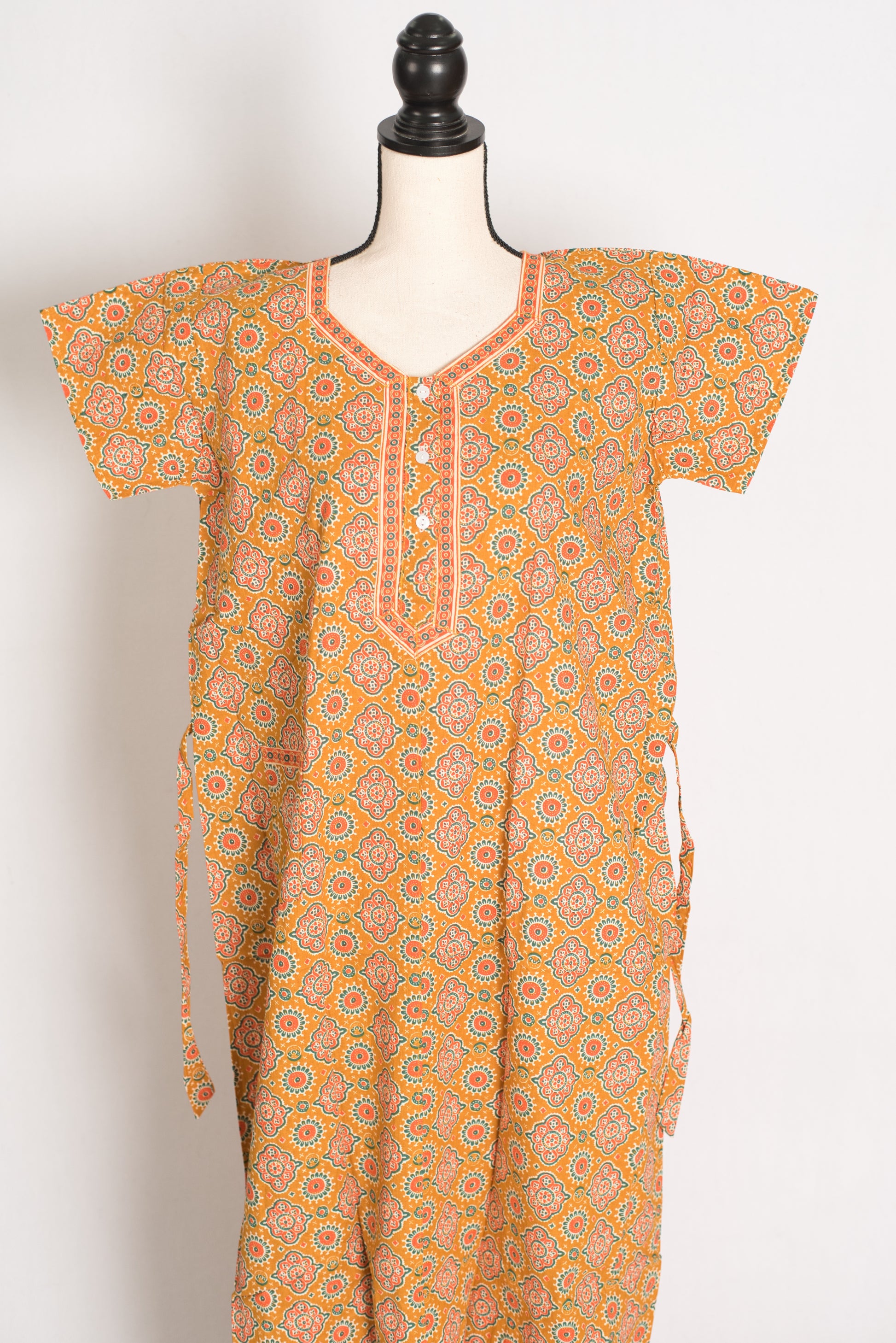 Pure Cotton Mustard Yellow Kalamkari Printed Long Nighty in Regular Size image 0