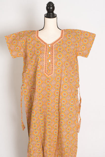 Pure Cotton Mustard Yellow Kalamkari Printed Long Nighty in Regular Size image 0