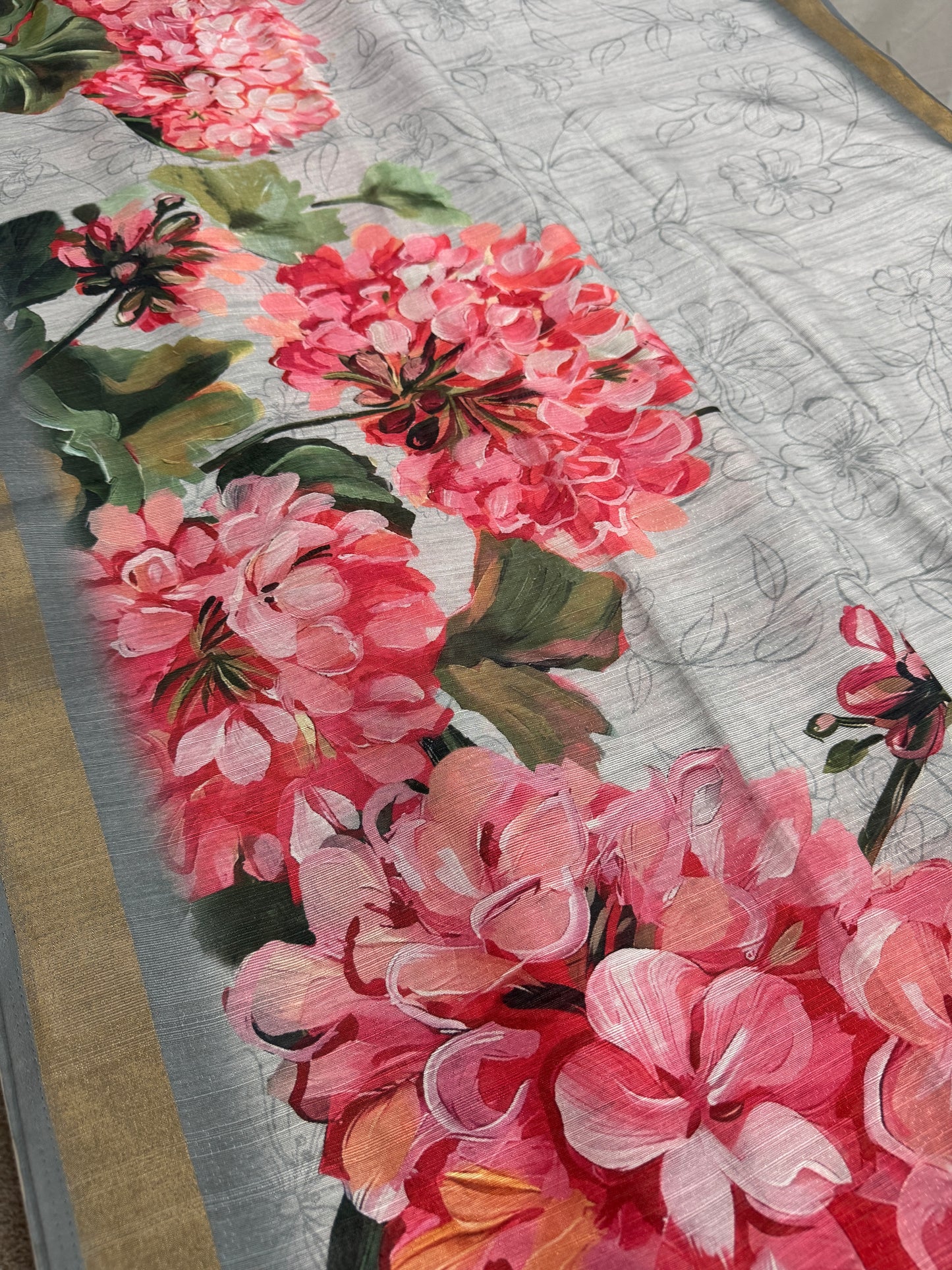 Ila | Grey & Vibrant Pink Floral Printed Semi Tussar Saree image 4