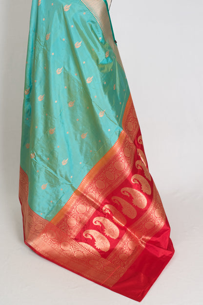 Nandini | Sea Green & Red Ganga Jamuna Border Banarasi Silk Saree image 4