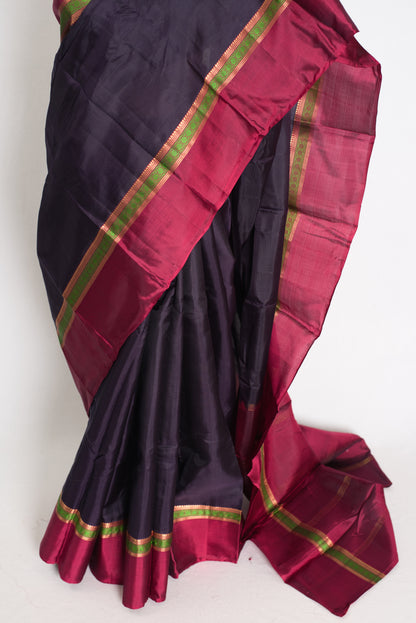 Nisha :Midnight Blue Pure Silk No Zari Kanjivaram Saree with Thread Work image 6