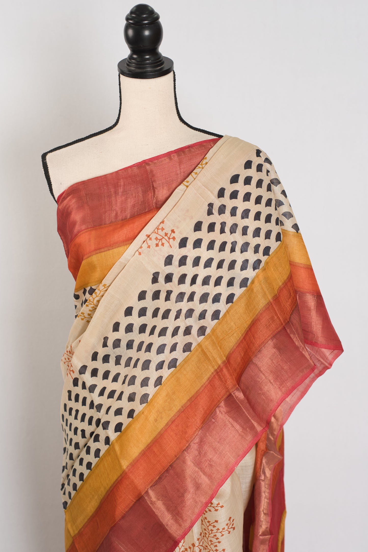 Madhavi: Beige & Rust Hand Block Printed Bengal Tussar Silk Saree image 5