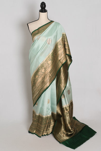 Anisha : Mint Green and Bottle Green Satin Pure Silk Banarasi Saree | Silk Mark image 0
