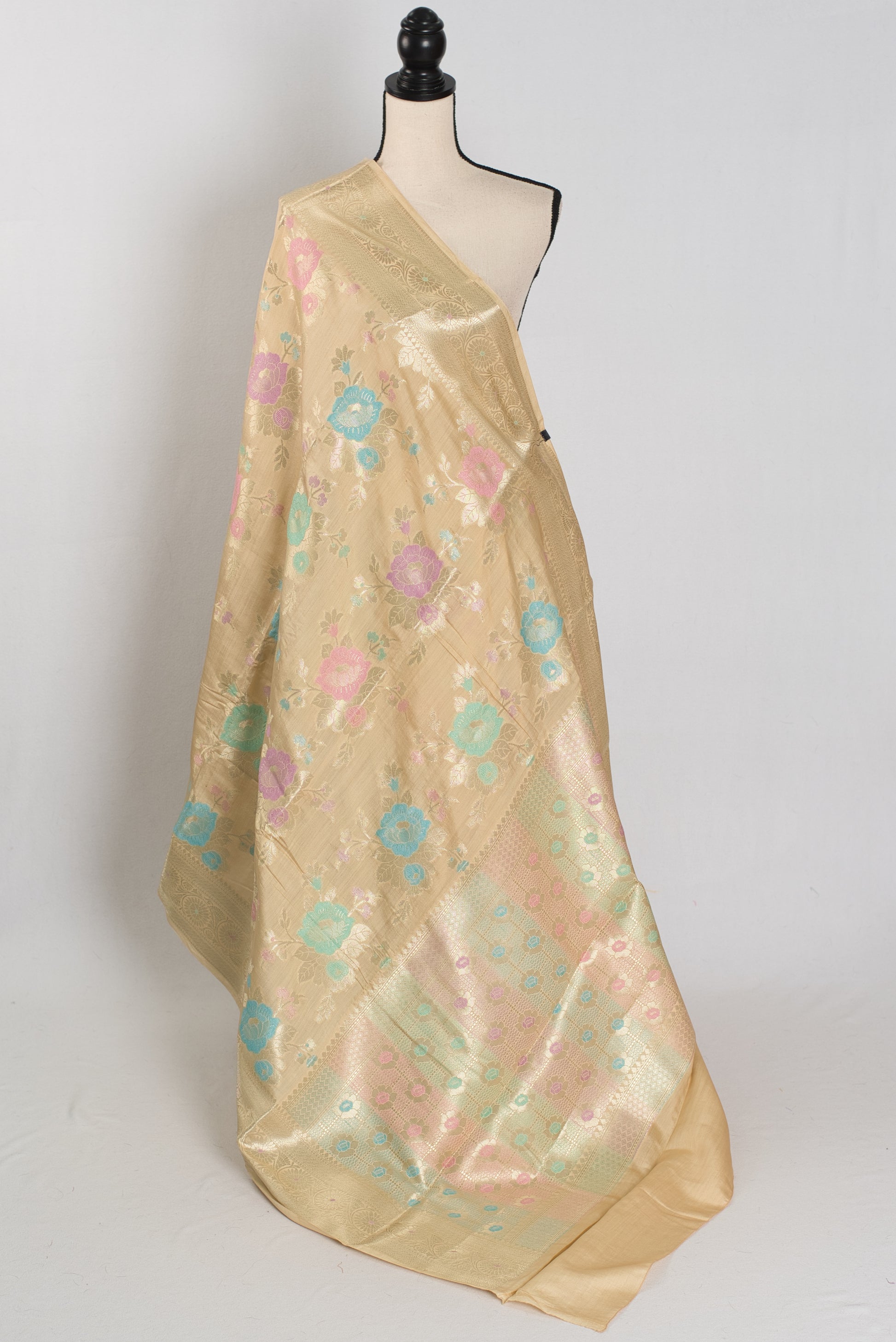 Mahi: Off-White & Gold Soft Muga Cotton Silk Saree | Floral Banarasi Weave image 1