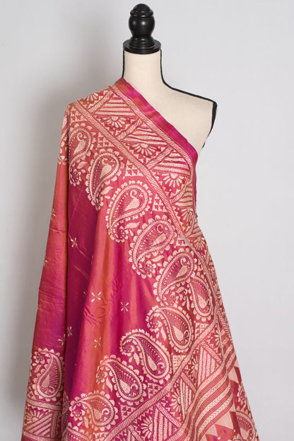 Mitra : Coral Pink Hand Embroidered Kantha Stitch Pure Bangalore Silk Saree image 4