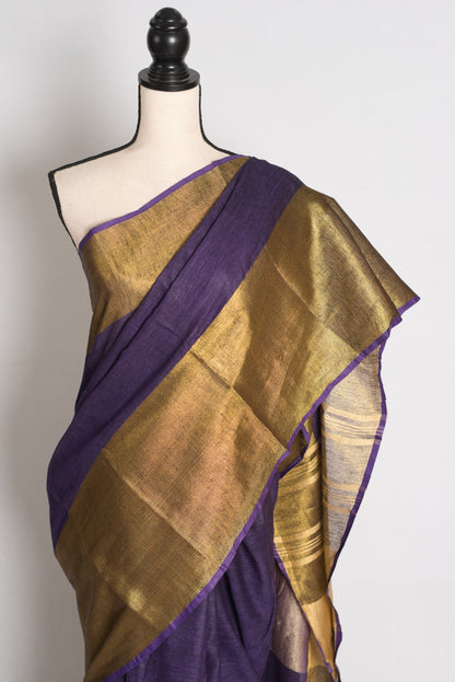 Sreya : Royal Purple Pure Linen Saree with Wide Antique Gold Zari Border image 5