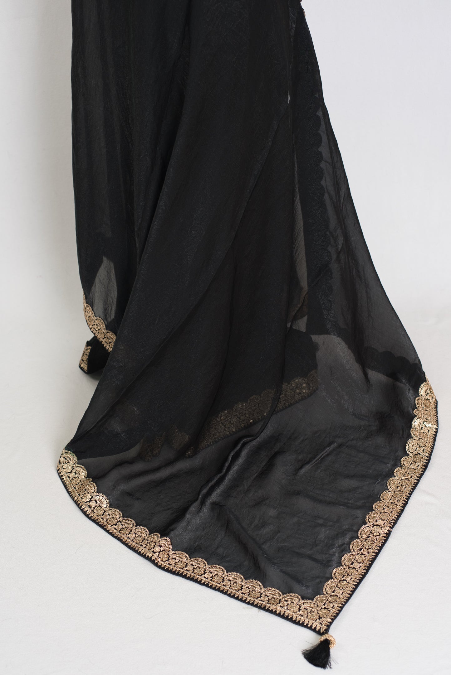 Farah : Designer Glass Tissue Black Partywear Saree with Patched Gold Border image 3