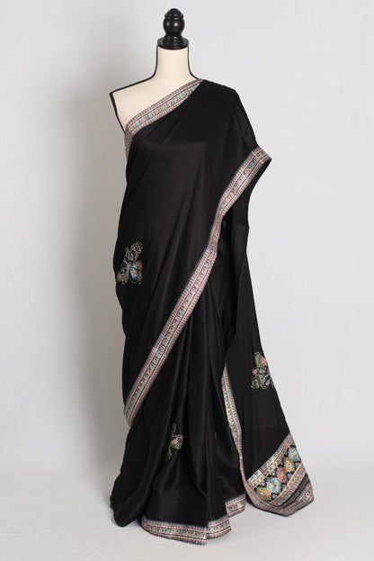Nalini : Black Semi Satin Aplic Work Party Wear Saree image 0