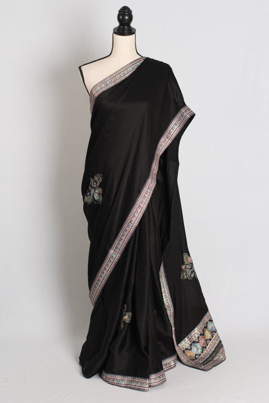 Nalini : Black Semi Satin Aplic Work Party Wear Saree image 0