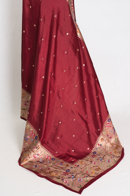 Bristi : Semi Tussar Silk Paithani Embroidered Maroon Designer Saree image 4