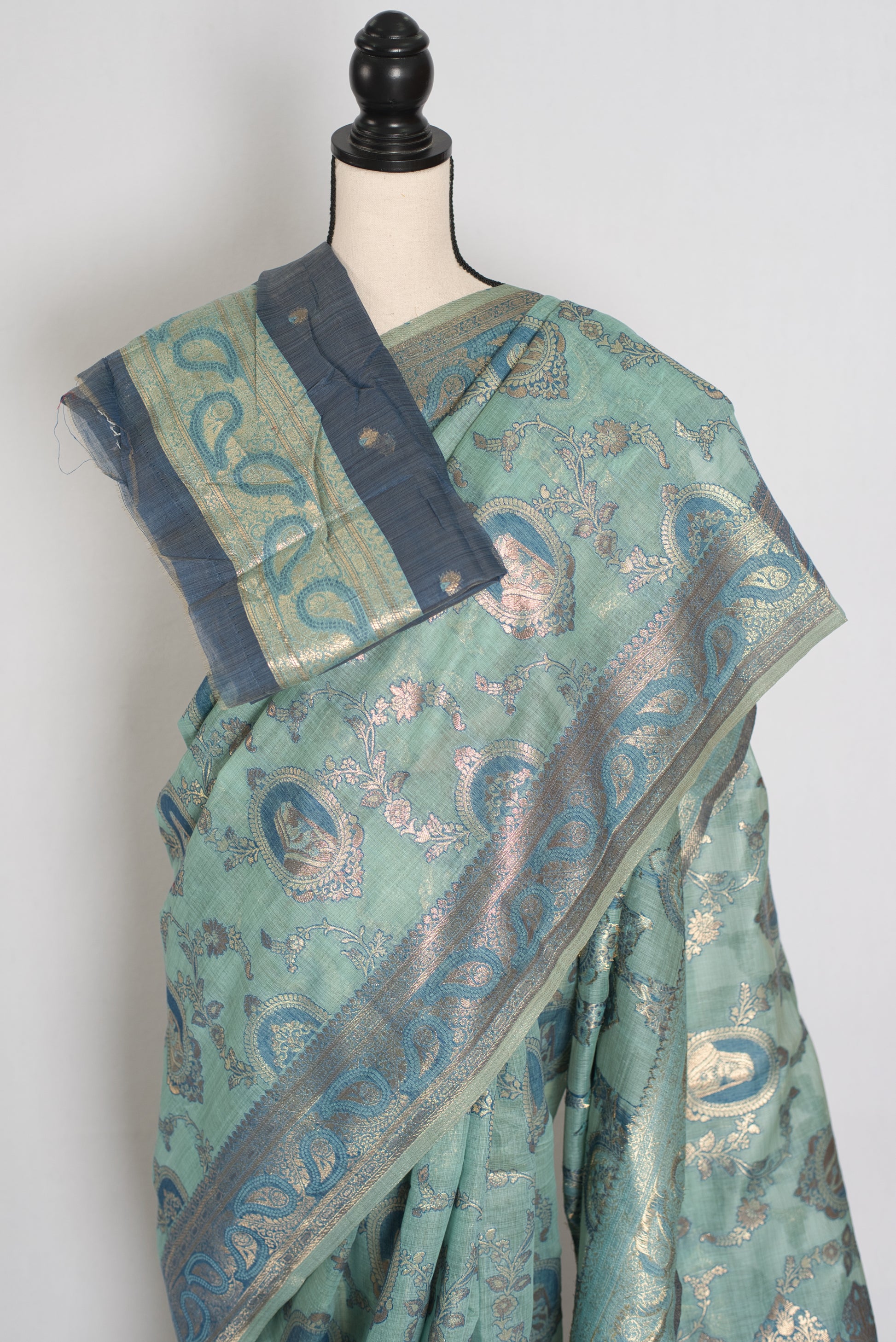 Mira | Pastel Blue Blended Cotton Saree | Traditional Baluchari Motifs image 2