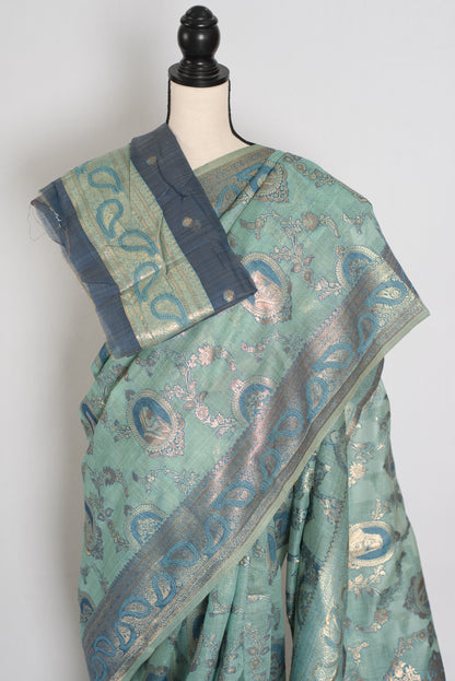 Mira | Pastel Blue Blended Cotton Saree | Traditional Baluchari Motifs image 2