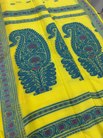 Sejuti : Bright Yellow and Teal Cotton Baluchari Saree image 6