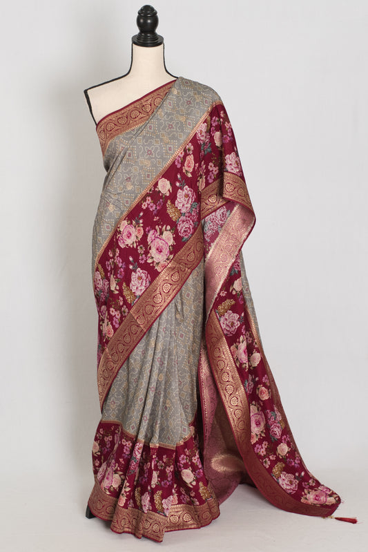 Mahi | Grey Patola & Floral Printed Dola Silk Banarasi Saree image 0