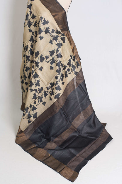 Mira : Printed Tussar Silk Saree in Cream and Black image 3