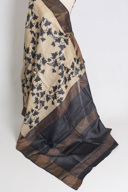 Mira : Printed Tussar Silk Saree in Cream and Black image 3