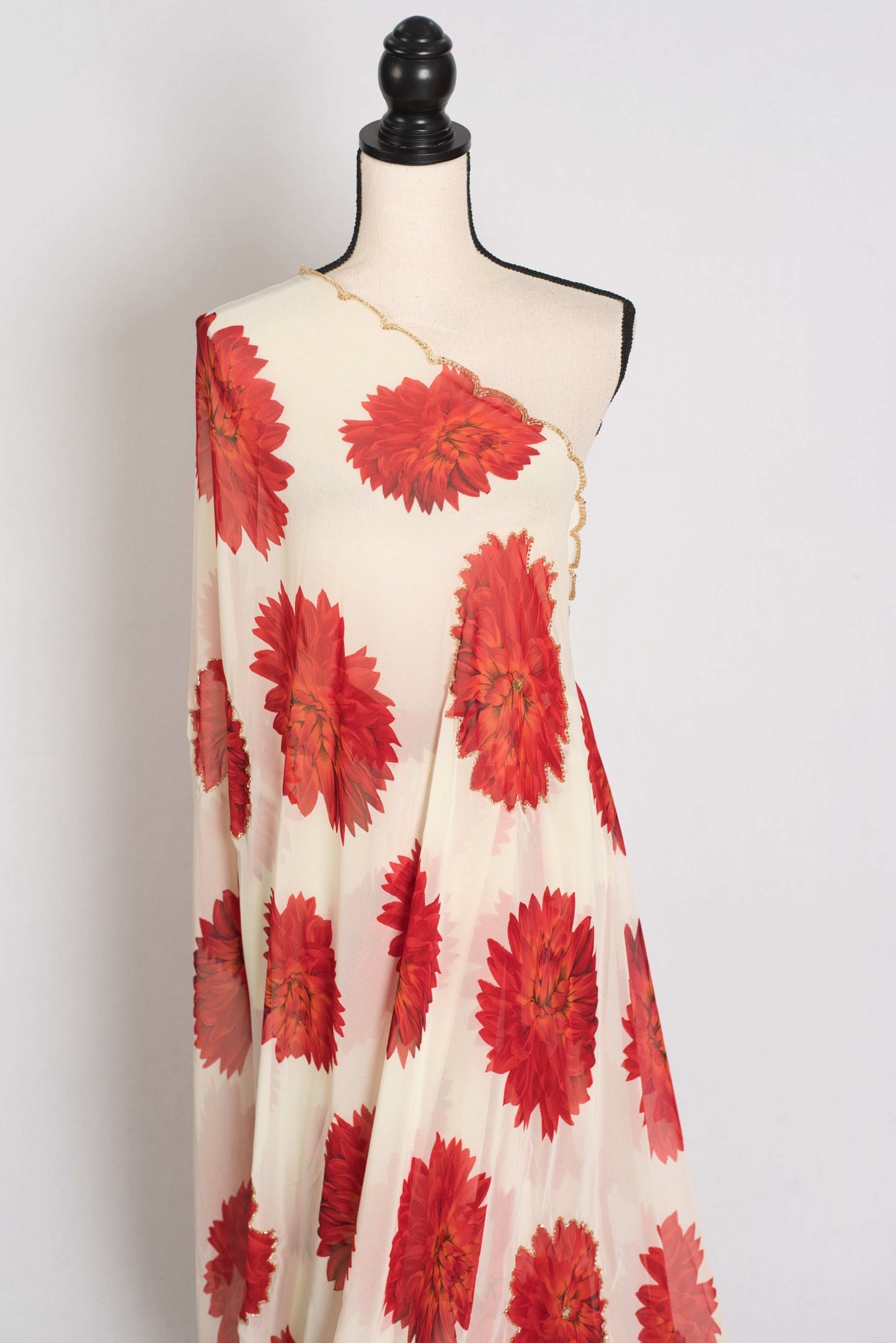 Eesha: Cream and Red Floral Georgette Designer Embroidery Saree image 3