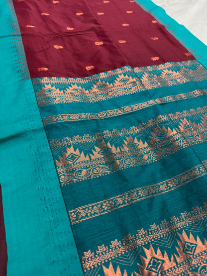 Pritha: Dark Brown and Sea Green Blended Cotton Gadwal Saree. image 4