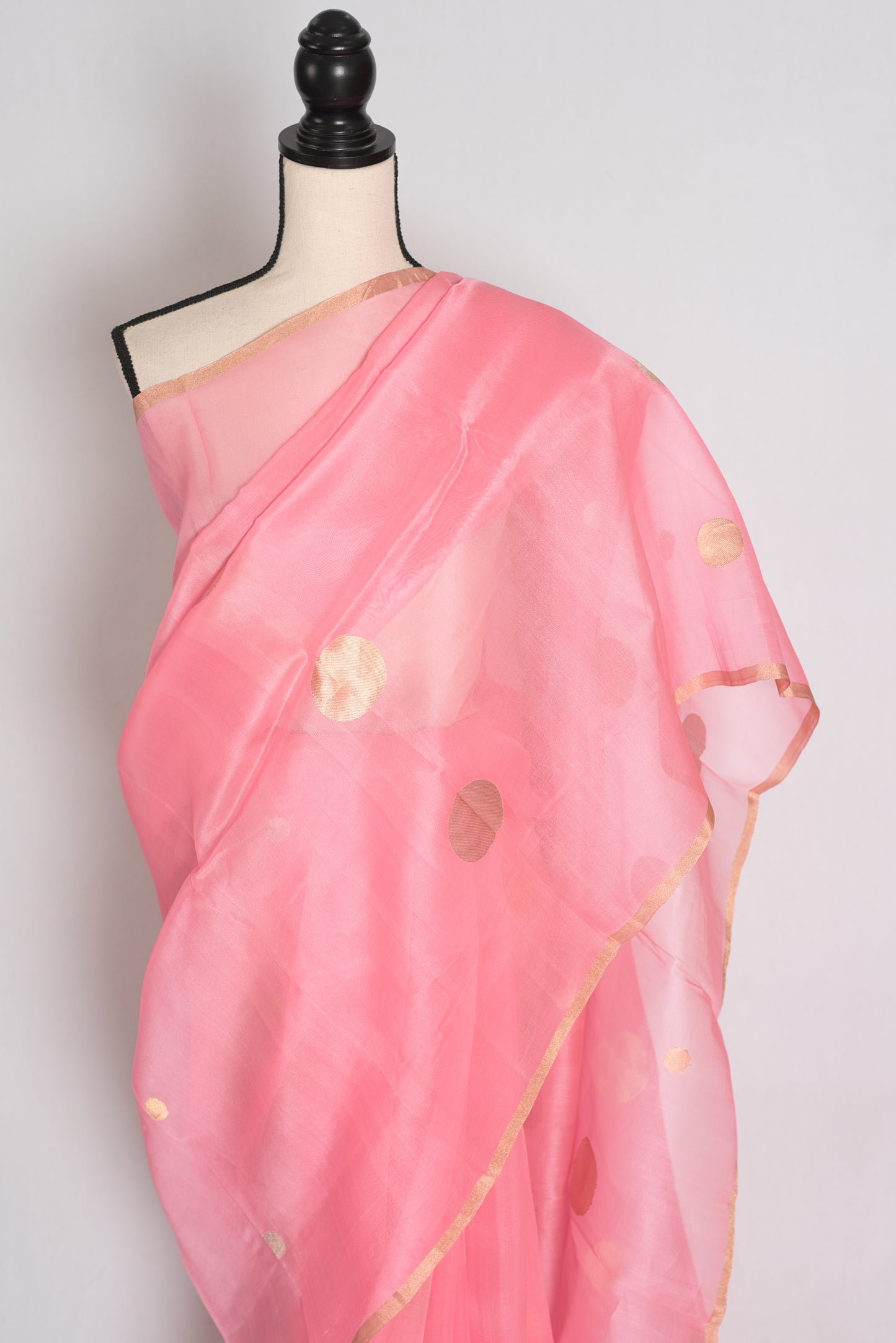 Priya : Pink and Gold Kora Silk Banarasi Saree with Polka Dots image 5