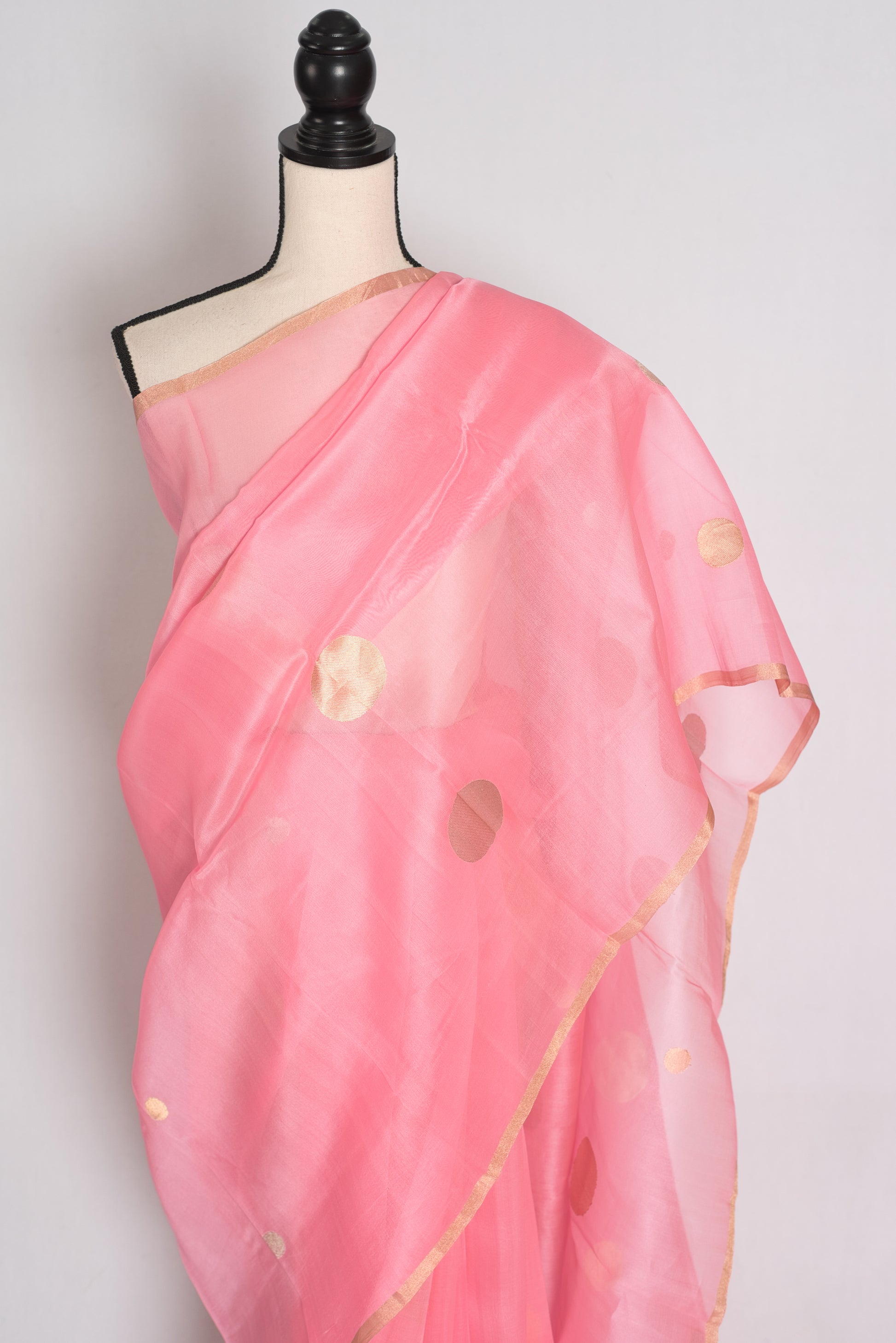 Priya : Pink and Gold Kora Silk Banarasi Saree with Polka Dots image 5