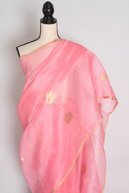 Priya : Pink and Gold Kora Silk Banarasi Saree with Polka Dots image 5