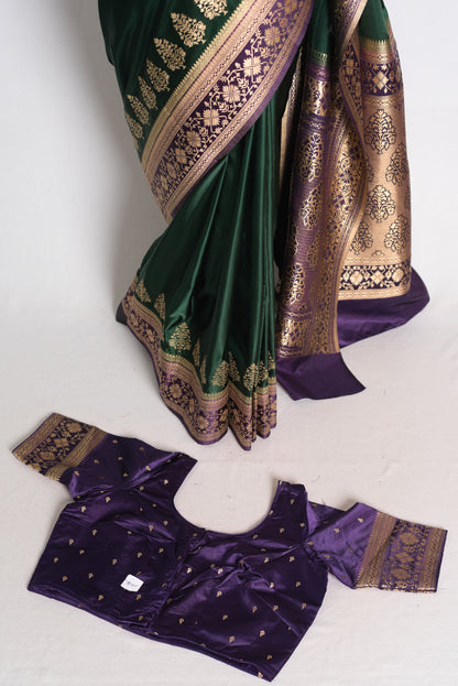 Soi: Bottle Green Semi Mashru Valkalam Banarasi Saree with 40 Size Blouse image 2