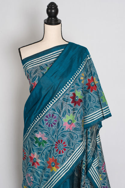 Dhriti : Teal Blue Hand Embroidered Kantha Stitch Pure Bangalore Silk Saree image 5