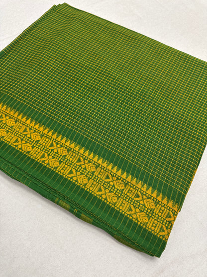 Gayetri : Green and Yellow Micro Checks Soft Cotton Dhaniakhali Saree image 0