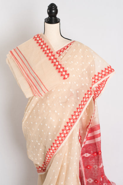 Ahiri : Beige and Red Blended Soft Cotton Jamdani Bengali Saree image 2