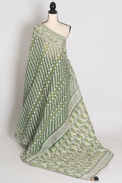 Heena – Soothing Green and White Blended Cotton Jamdani Saree image 1