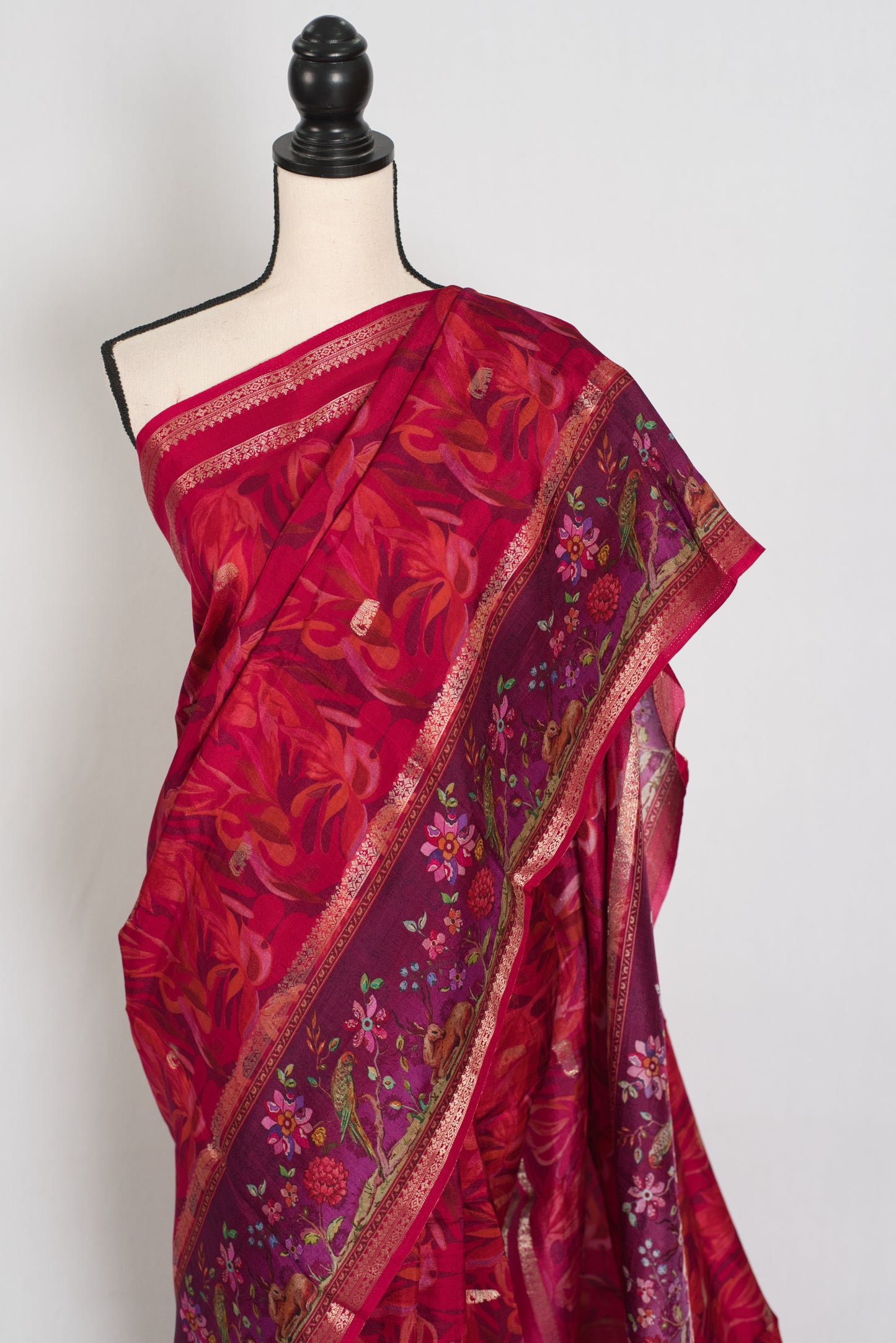 Stuti | Dark Rose Pink Dola Silk Banarasi Saree | Contrast Purple Floral Printed image 5