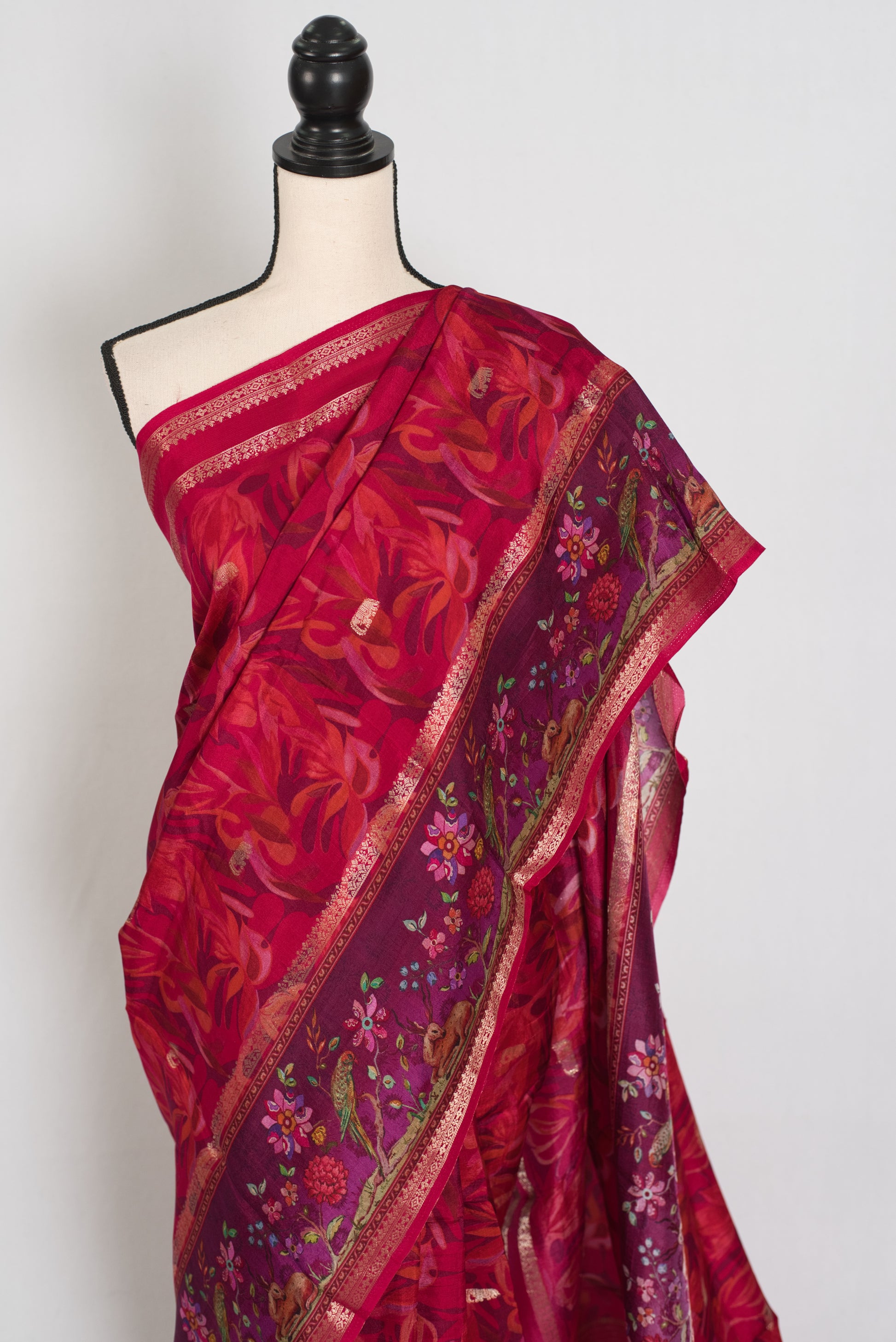 Stuti | Dark Rose Pink Dola Silk Banarasi Saree | Contrast Purple Floral Printed image 5