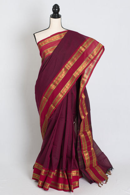 Kalyani : Handwoven Kanchi Cotton Saree in Maroonish Purple image 0