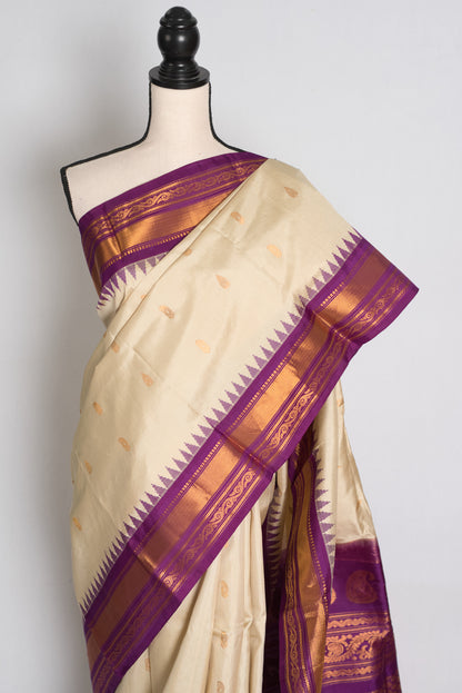 Sree : Clay White and Purple Handwoven Gadwal Silk Saree with Gold Zari image 6