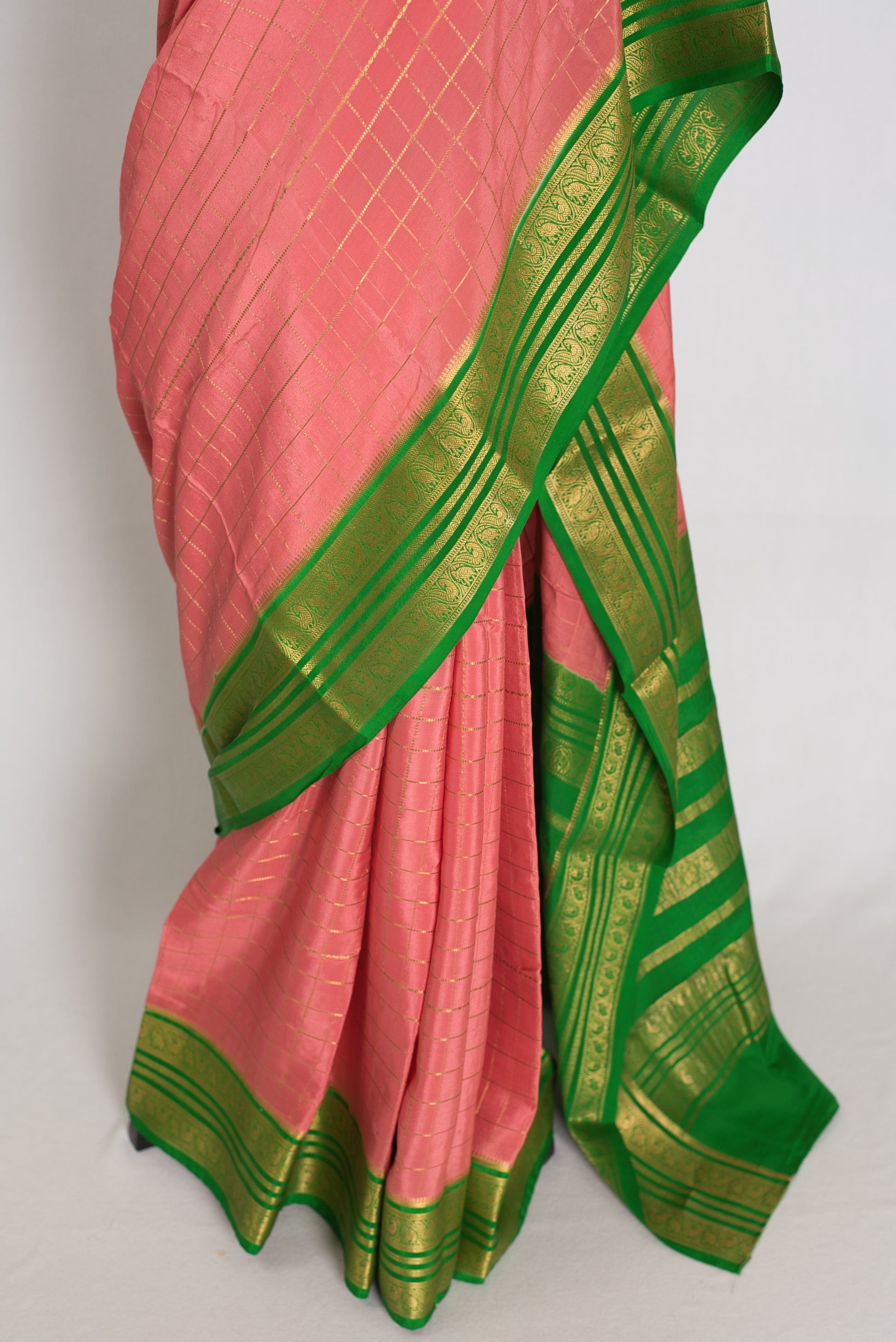 Padmini : Peach & Green Premium Mysore Silk Saree | Silk Mark Certified image 6