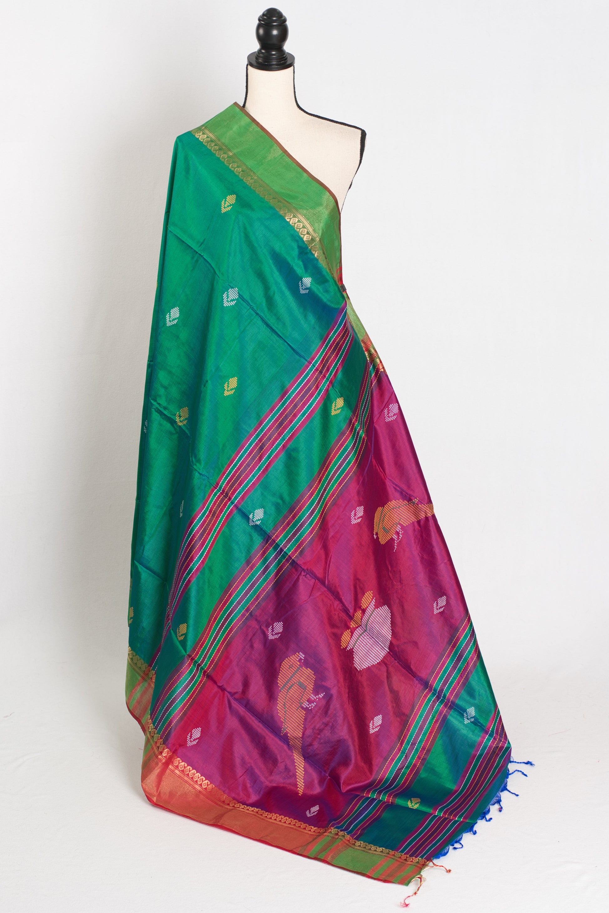 Shalini : Lightweight Bishnupur Katan Silk Saree in Emerald Green and Purple image 1