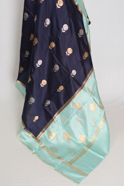 Gehna | Dark Blue & Sky Blue Satin Katan Banarasi Saree | Modern Minimalist image 4