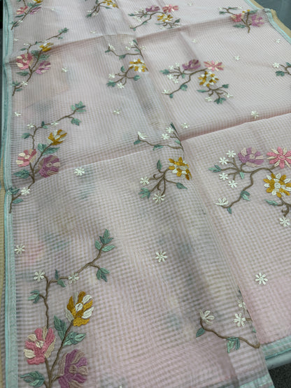 Rohini | Pink Floral Embroidery Blended Cotton Kota Saree image 6