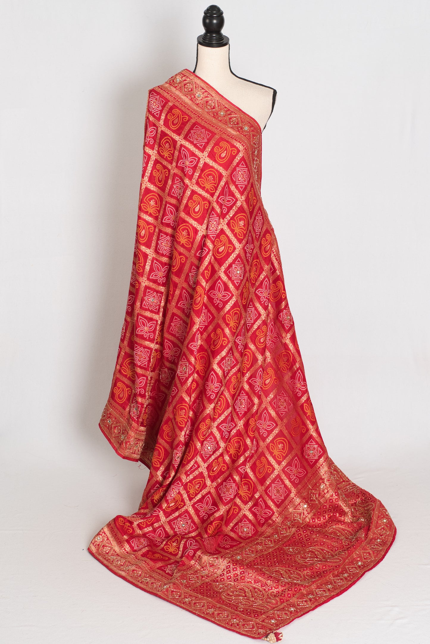 Radha | Red Dola Silk Gharchola Banarasi Saree | Hand-Embroidered Border & Pallu image 1