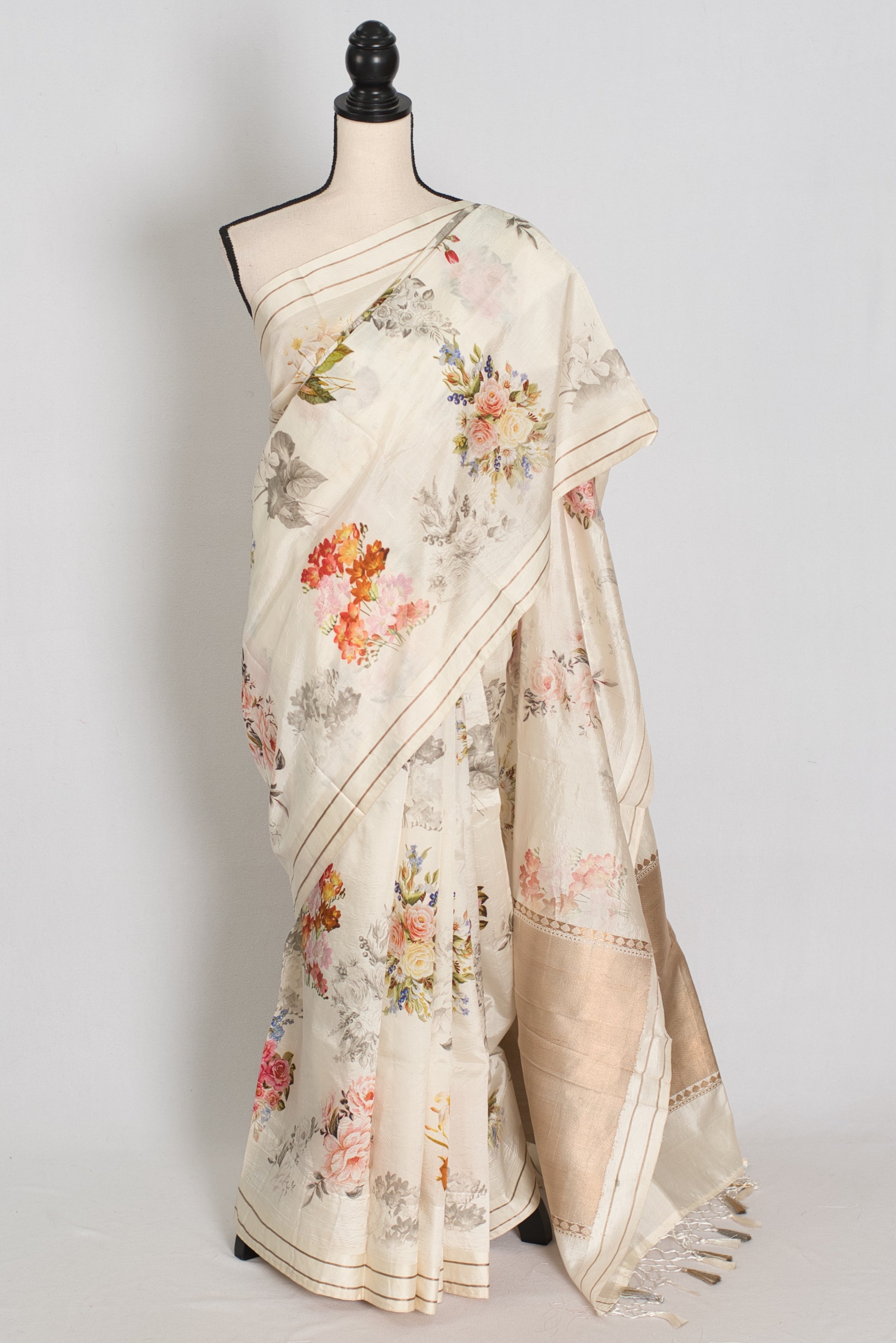 Sheuli : Ivory White Floral Printed Banarasi Katan Silk Saree image 0