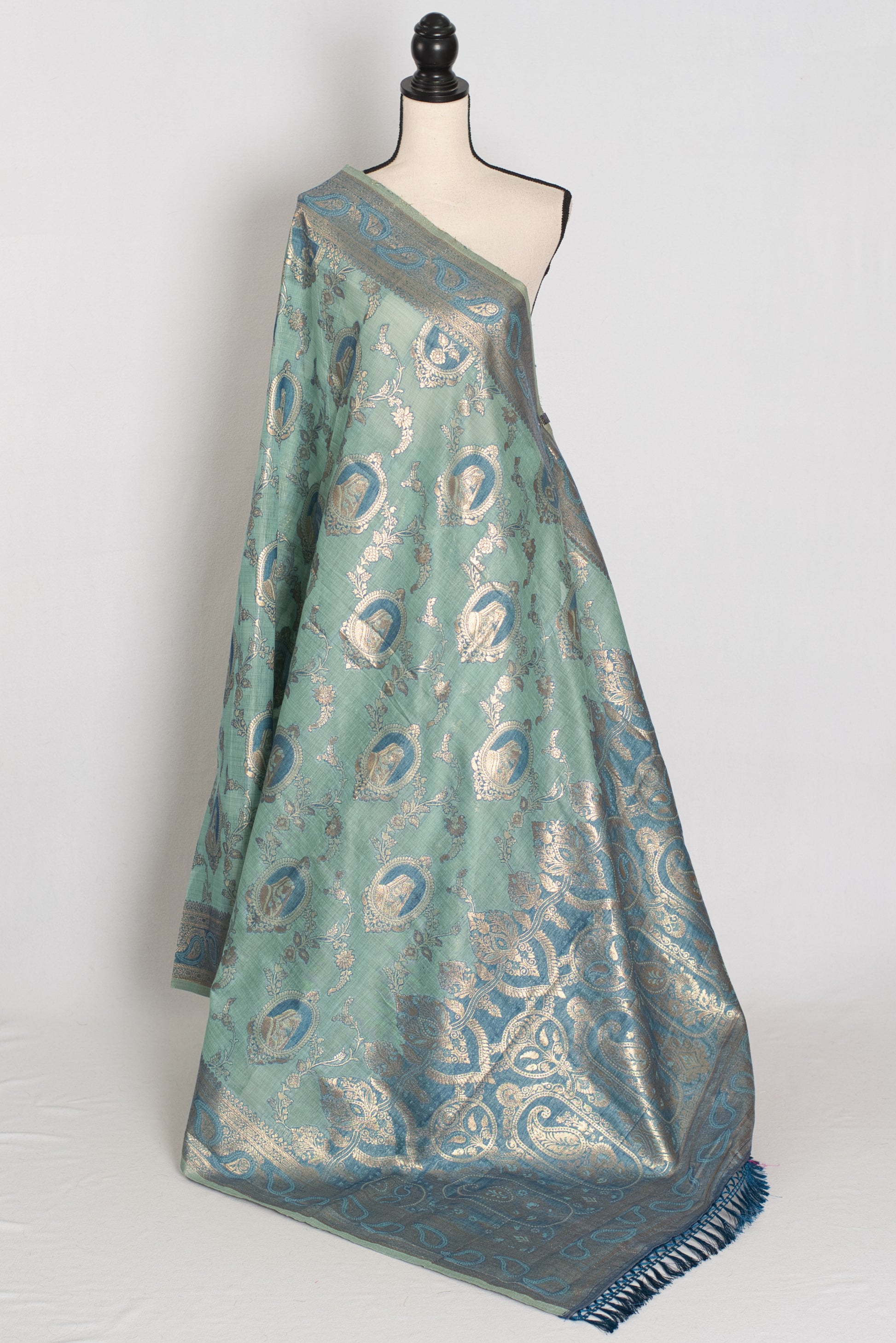 Mira | Pastel Blue Blended Cotton Saree | Traditional Baluchari Motifs image 1