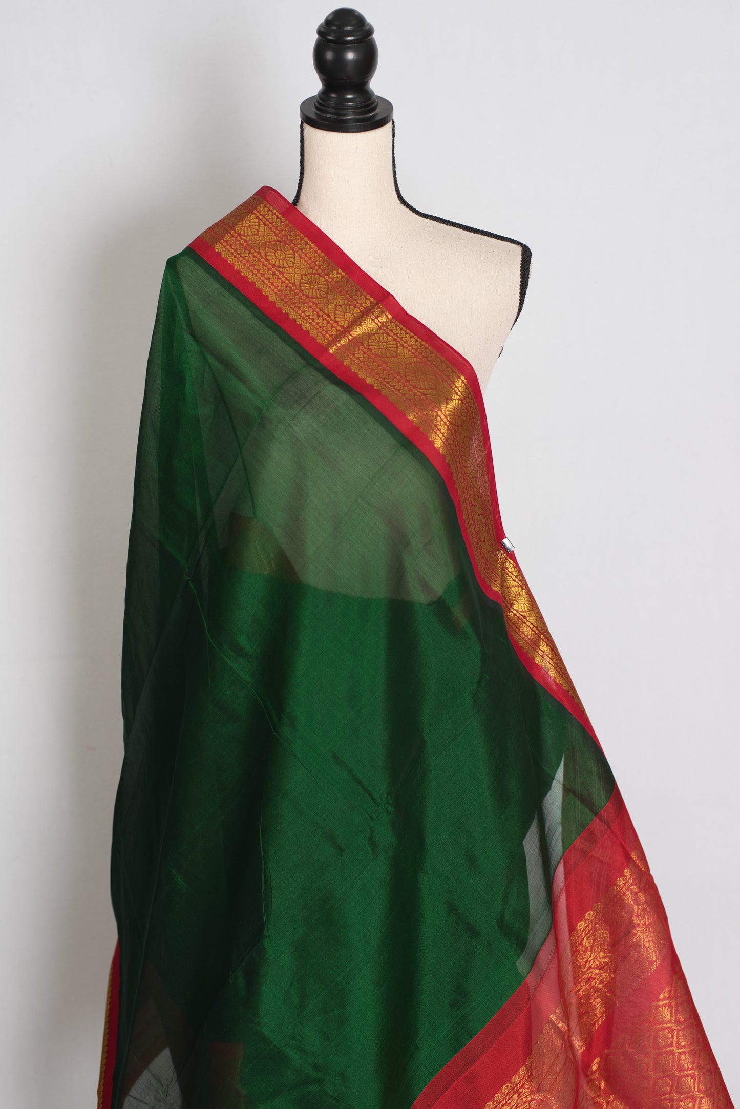 Latha : Bottle Green and Red Cotton Silk Kanjivaram Saree with 36 Size Blouse image 4
