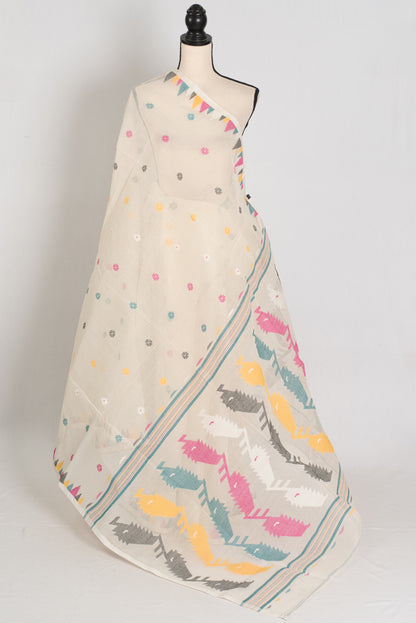 Meera | Off-White Pure Cotton Handwoven Jamdani Saree image 1