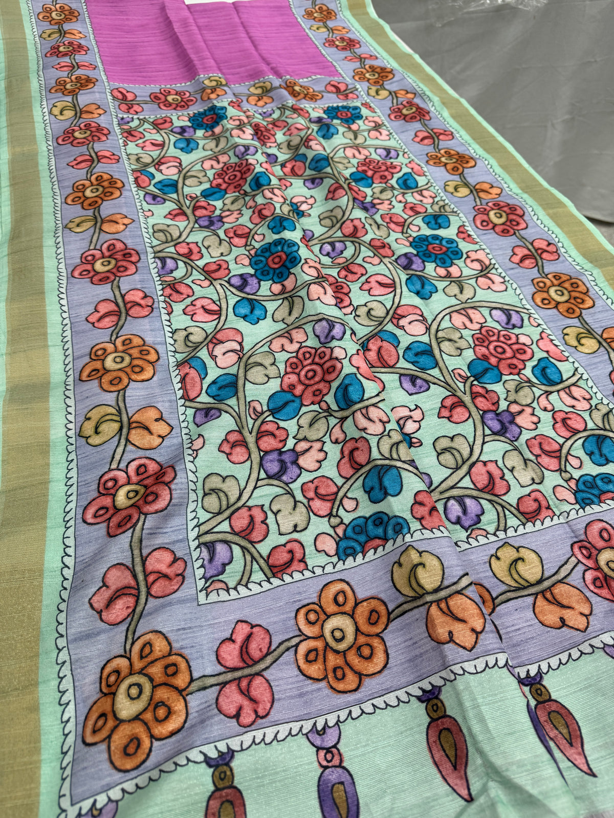 Neha: Vibrant Pink & Grey Semi Tussar Silk Saree | Floral Kalamkari Print image 1