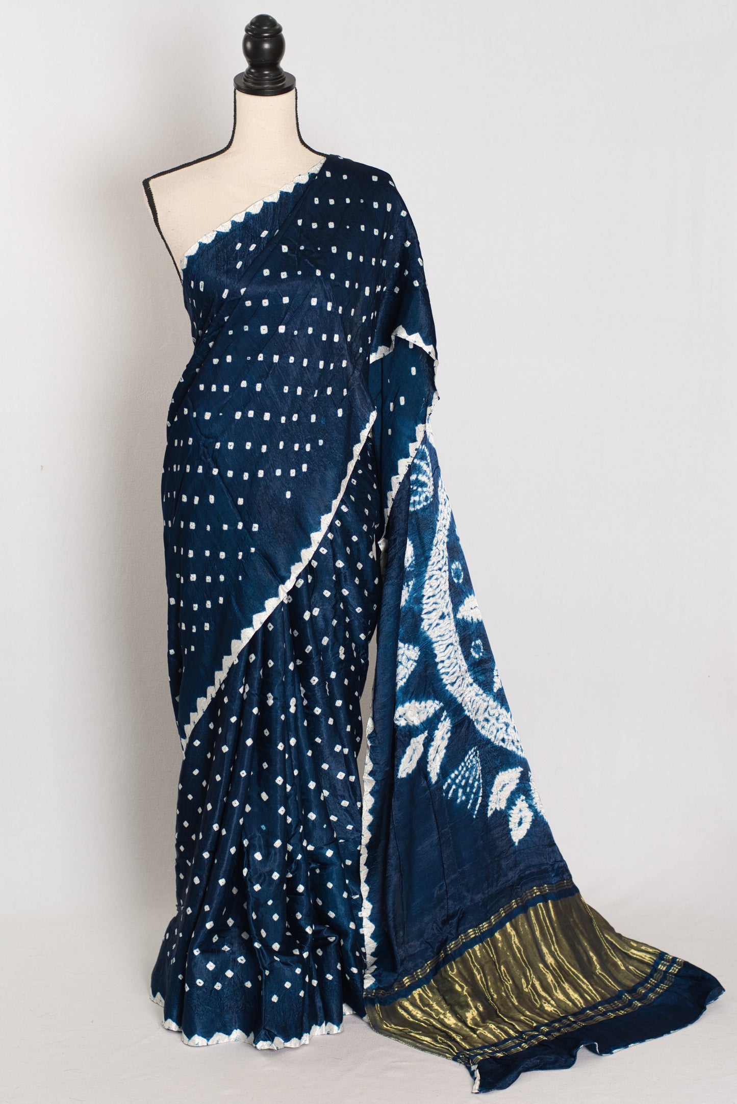 Saira: Navy Blue & White Hand Bandhani Modal Silk Saree image 0