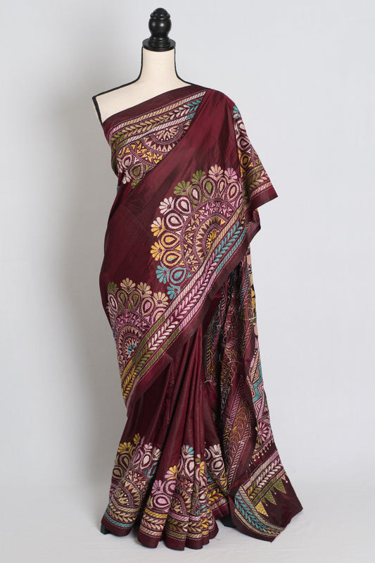 Bandana : Maroon Silk Mark Certified Hand Embroidery Kantha Stitch Saree image 0