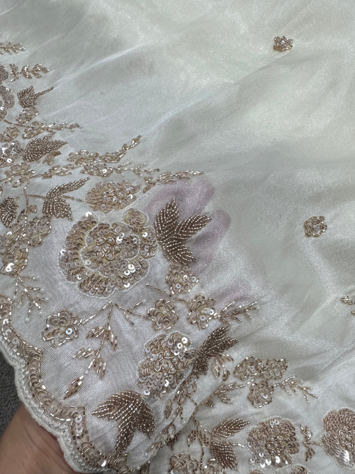 Reeva: Cream & Gold Hand Embroidered Tissue Saree | Wedding Wear image 4